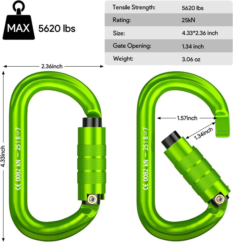 FVW CE Certified Auto Locking Climbing Carabiners, Professional 25KN (5620 lbs) Heavy Duty Caribeaners for Rappelling Swing Rescue & Gym etc, Large D-Shaped Carabiners - Image 3